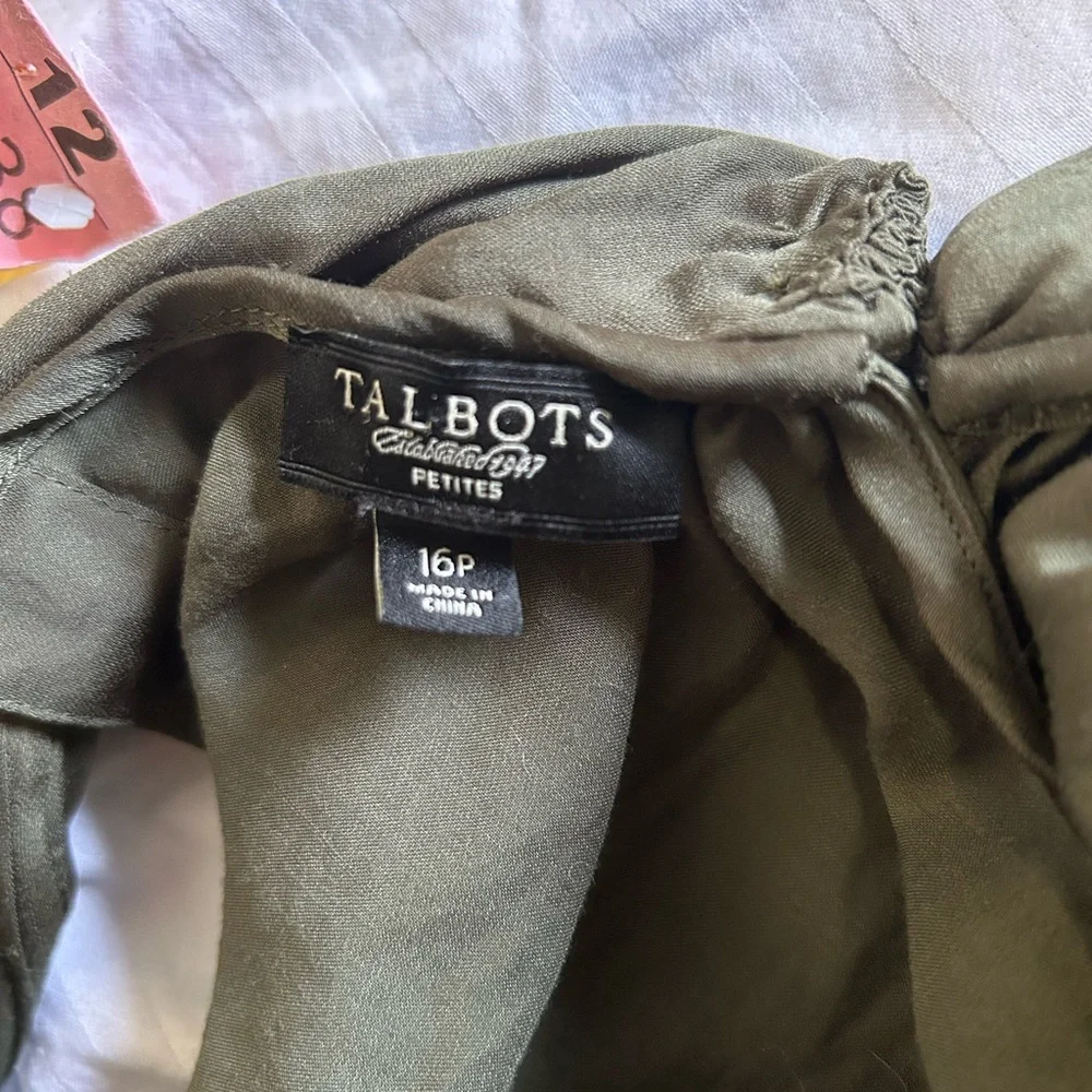 Talbots Dark Olive Sleeveless Blouse Rope Neckline, size 16P - Picture 5 of 6